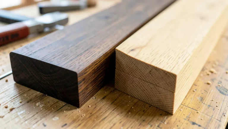 Dark walnut board and lighter oak board side by side on a workbench, showing the color and grain difference between the two hardwoods