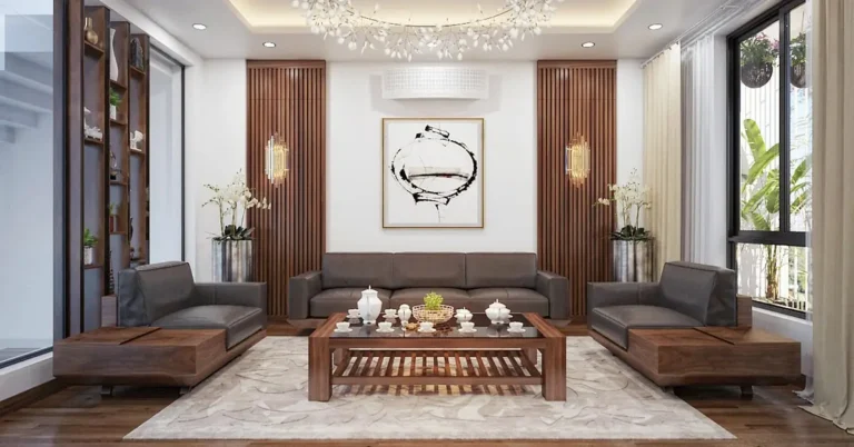 Dark walnut wood furniture and flooring in a modern living room