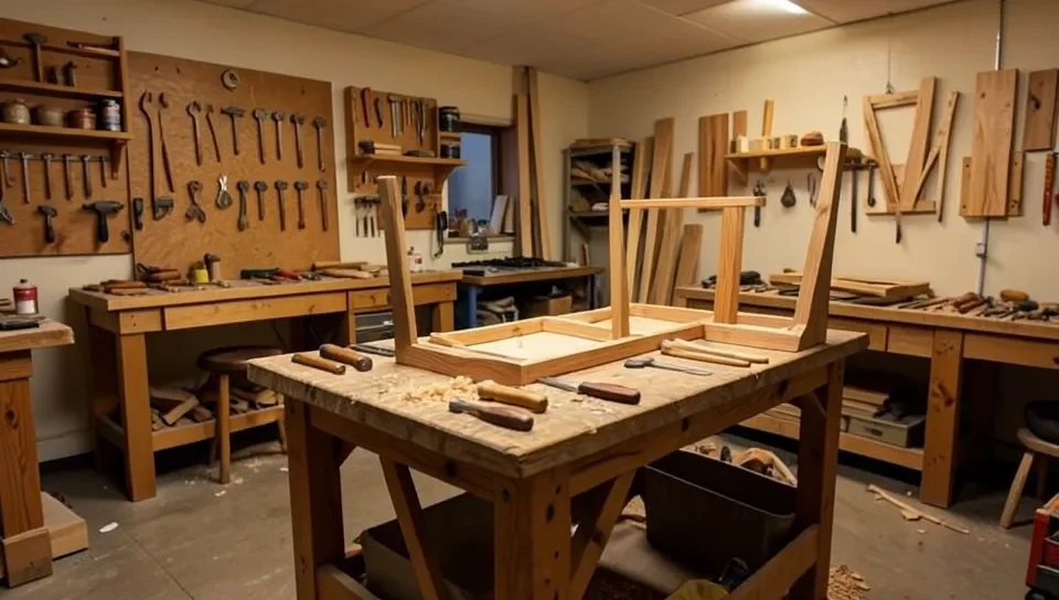Walnut wood furniture workshop with hand tools