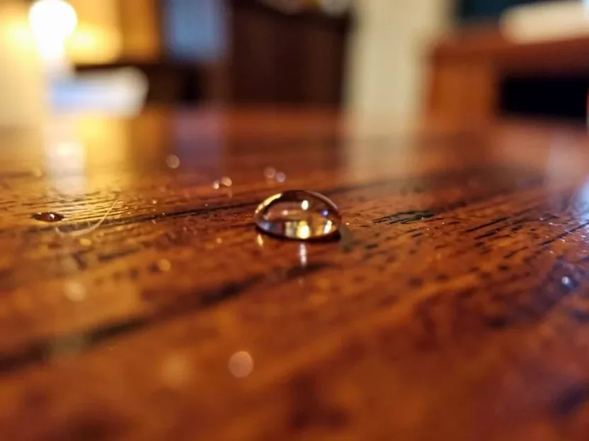 Water droplet beading on a glossy wood tabletop finish during the water-drop diagnostic test