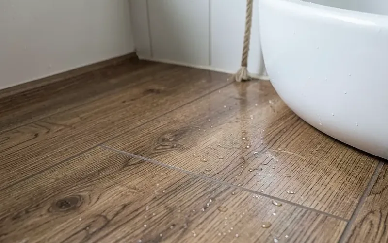 Close-up of waterproof wood-look vinyl plank flooring with water beading near a bathtub Close-up of waterproof wood-look vinyl plank flooring with water beading near a bathtub