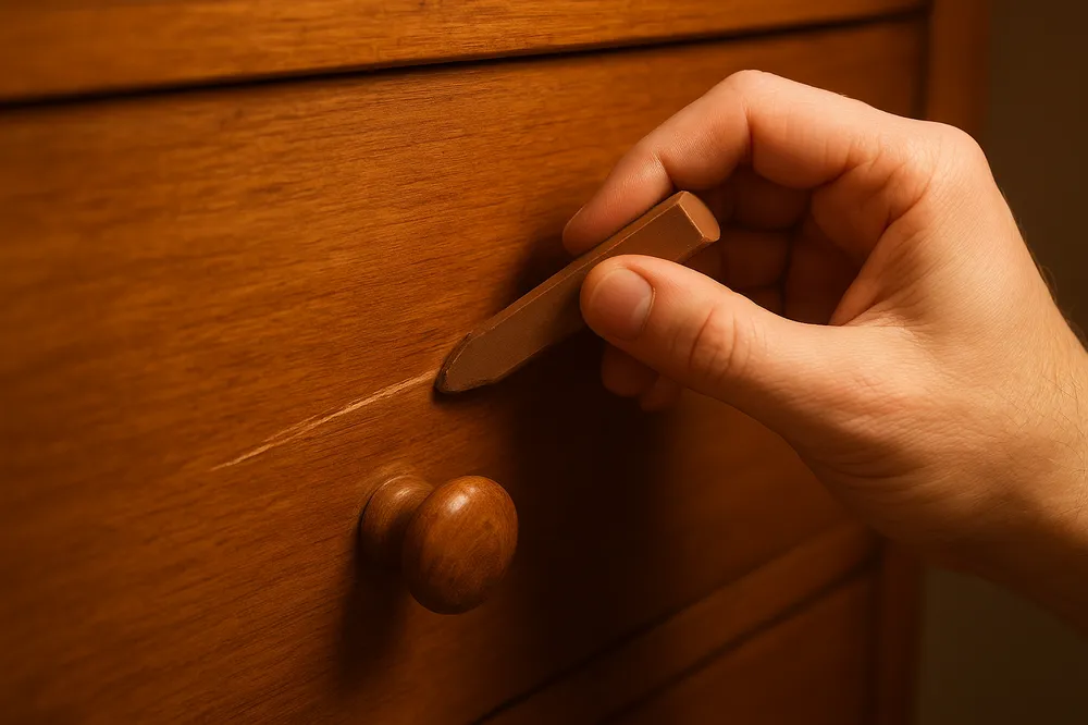 Hand rubbing a wax fill stick into a scratch on a wood dresser drawer front