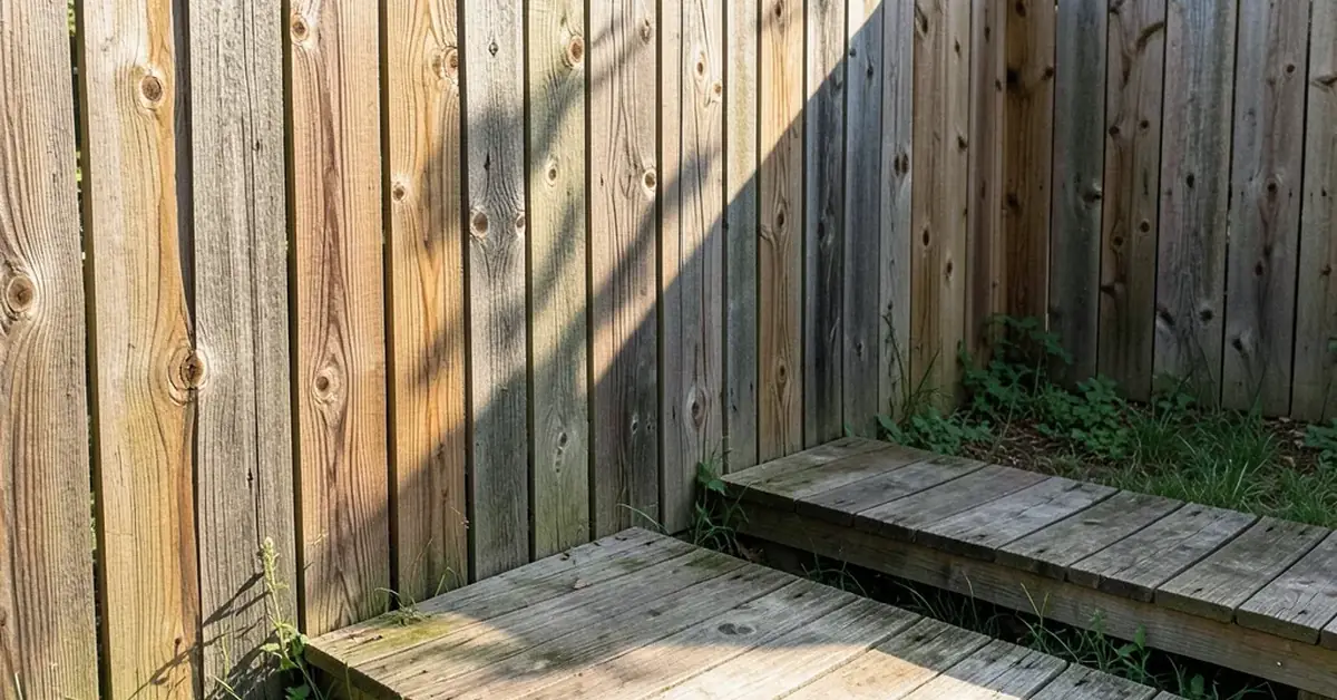 weathered pine fence and deck steps in a backyard
