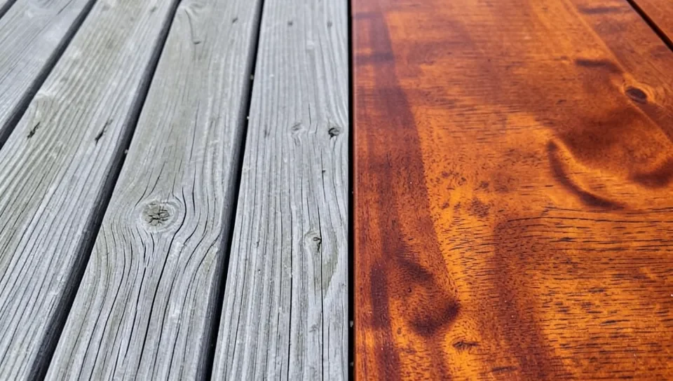 Weathered gray unfinished wood next to freshly finished reddish-brown mahogany