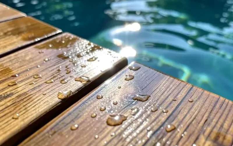 wet wood decking boards at the edge of a swimming pool