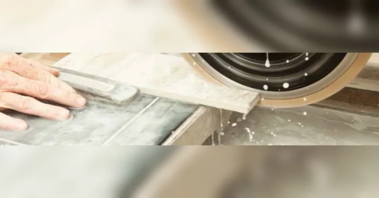 Wet saw diamond blade cutting porcelain tile with water cooling the cut