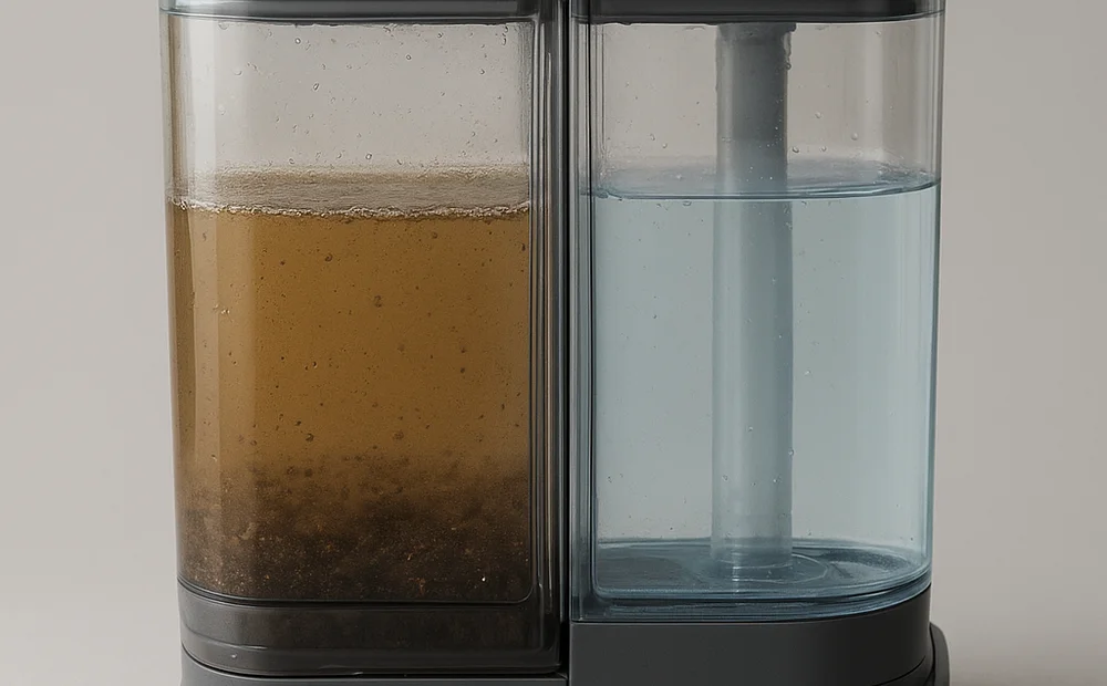 Clean and dirty water tanks separated inside a wet-dry vacuum hardwood floor cleaner