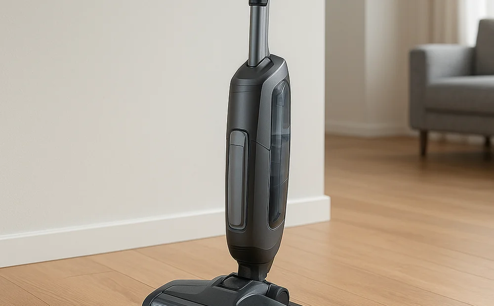 Cordless wet-dry vacuum mop for hardwood floors, upright between uses