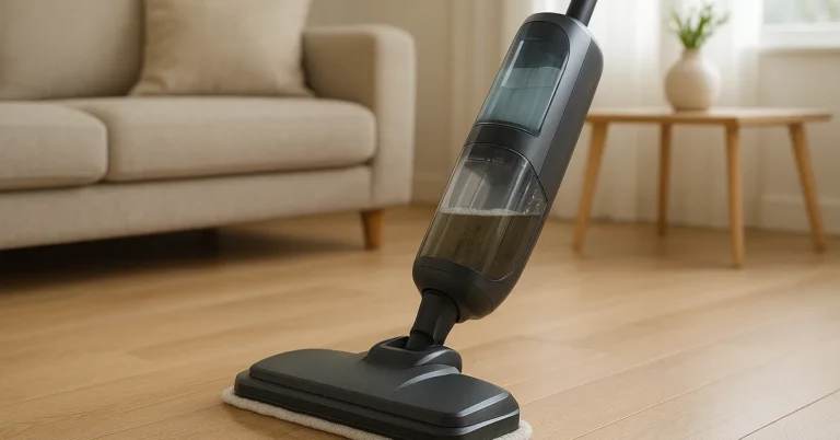 Cordless wet-dry vacuum mop cleaning a hardwood floor
