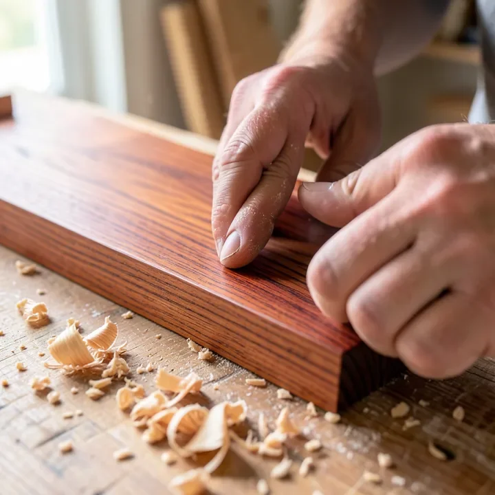 hand sanding a freshly cut cherry wood board showing reddish-brown grain