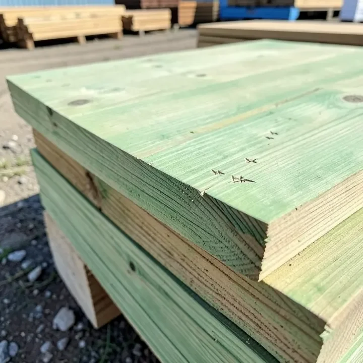 Freshly pressure-treated lumber with greenish tint and incision marks at a lumber yard