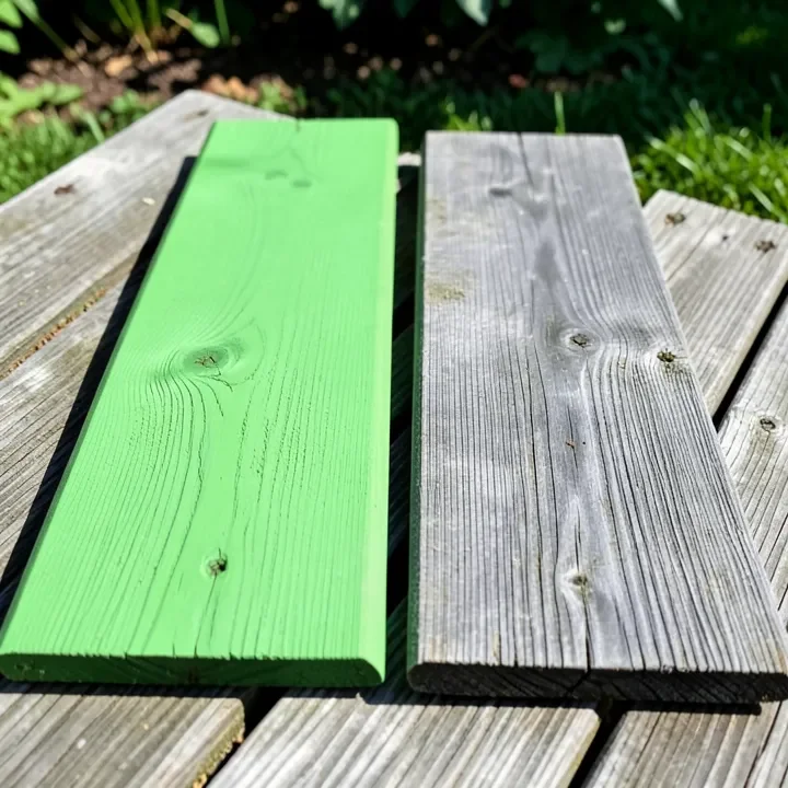 Fresh green pressure-treated board next to a weathered gray pressure-treated board outdoors