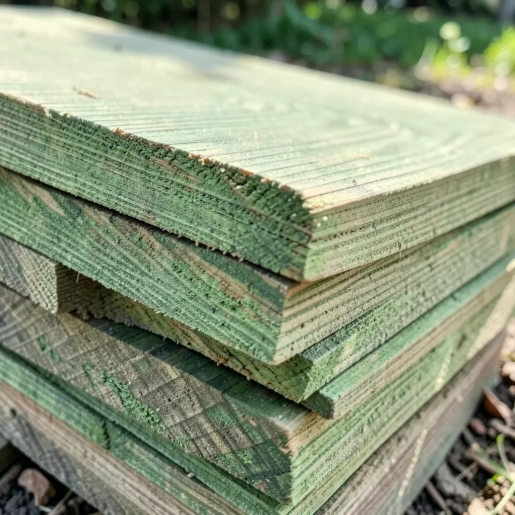 Stack of pressure-treated lumber showing its natural greenish-tan color