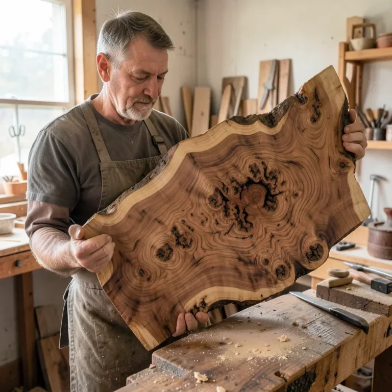 woodturner holding a raw burl wood slab with swirling grain
