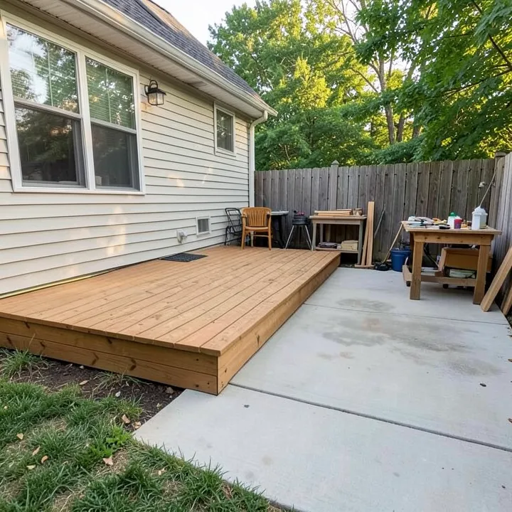 Raised wood deck attached to a house next to a broom-finished concrete patio in the same backyard