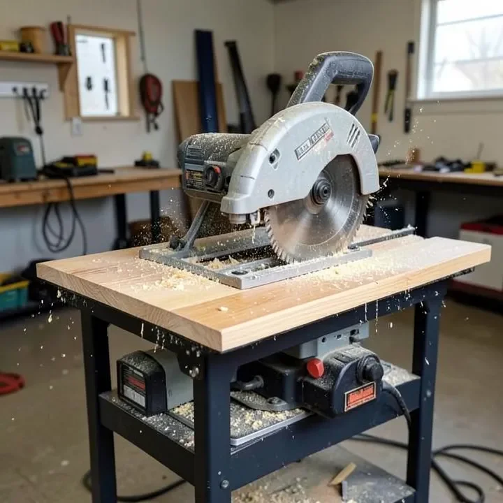 sliding compound miter saw cutting a wide wooden board
