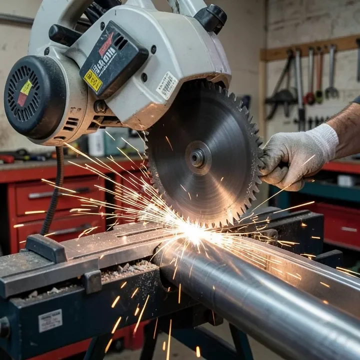 miter saw with metal cutting blade cutting through a metal pipe with sparks
