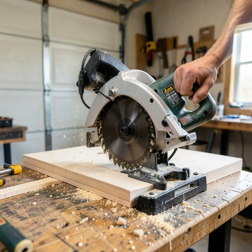 compound miter saw with pivoting arm cutting a wood board