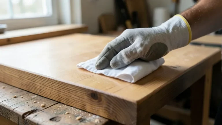 Wiping down a bare stripped wood tabletop with a clean cloth before refinishing