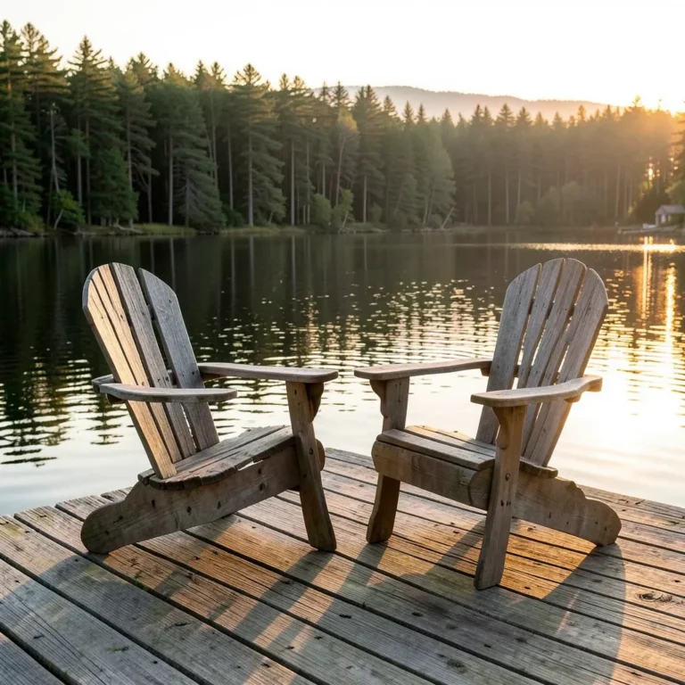 two wooden Adirondack chairs on a lakeside dock at golden hour