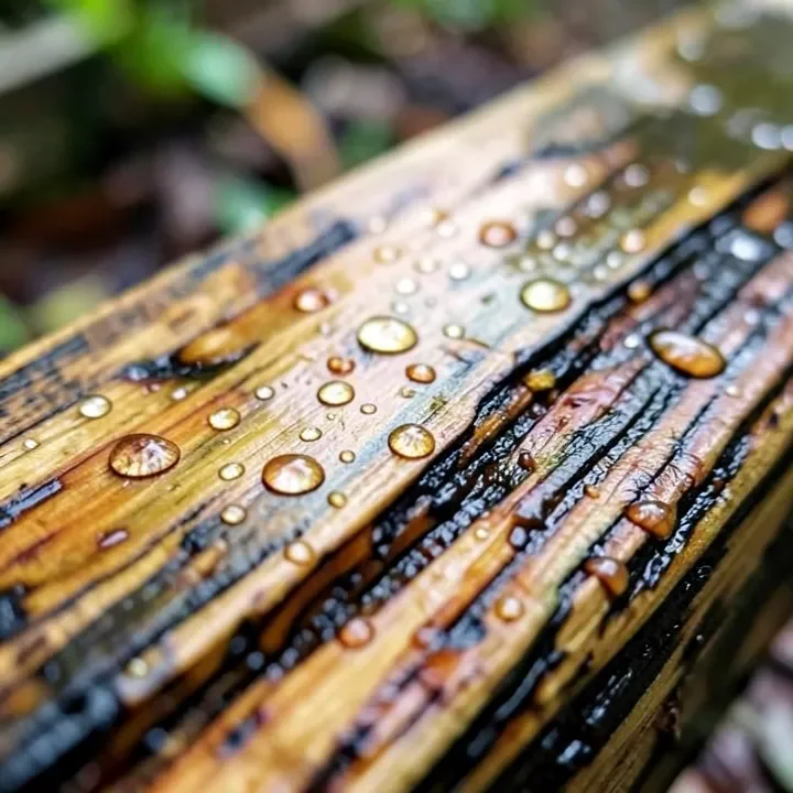 Water beading on pressure-treated lumber, showing it's still too wet to stain