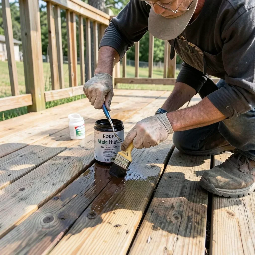 Applying stain to a pressure-treated wood deck