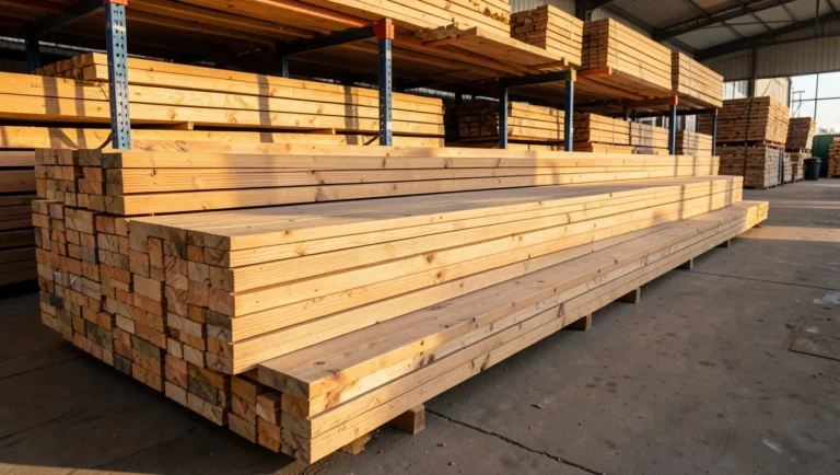 20 ft deck boards stacked on racks at a lumberyard warehouse