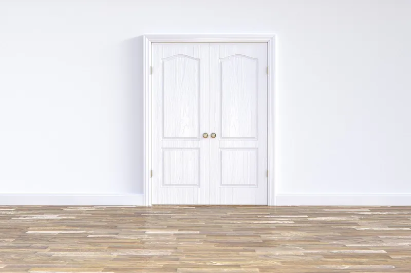 White paneled interior door with a brass knob in an empty room White paneled interior door with a brass knob in an empty room