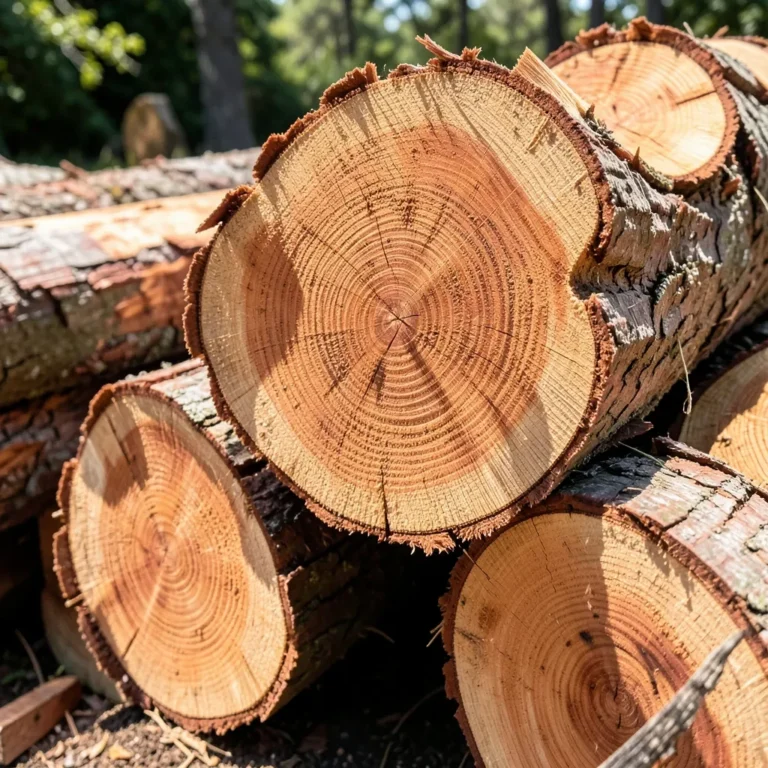Cross-section of cedar wood logs showing red heartwood color