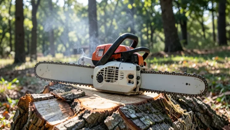 Chainsaw with light smoke rising from the bar and engine area, resting on a cut log outdoors