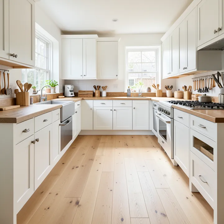 bright kitchen with wide plank light oak wood flooring and white cabinets bright kitchen with wide plank light oak wood flooring and white cabinets