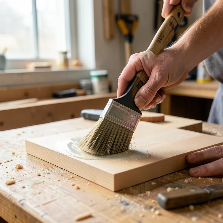 natural bristle brush applying polyurethane finish to a wood board