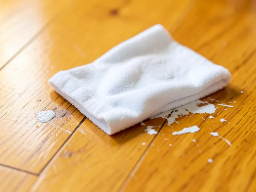 Wiping a paint spot off a hardwood floor with a damp cloth