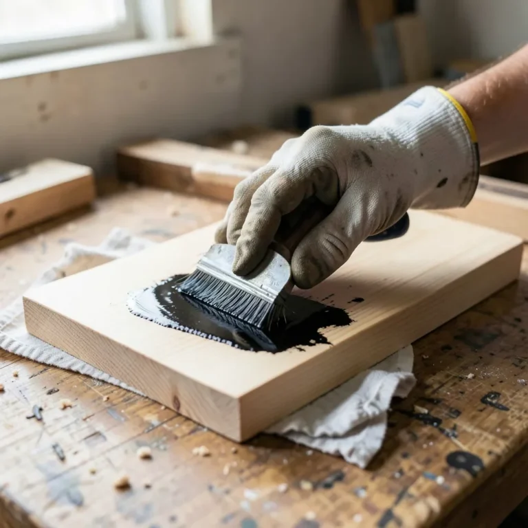 hand wiping black wood stain onto a raw pine board with a cloth
