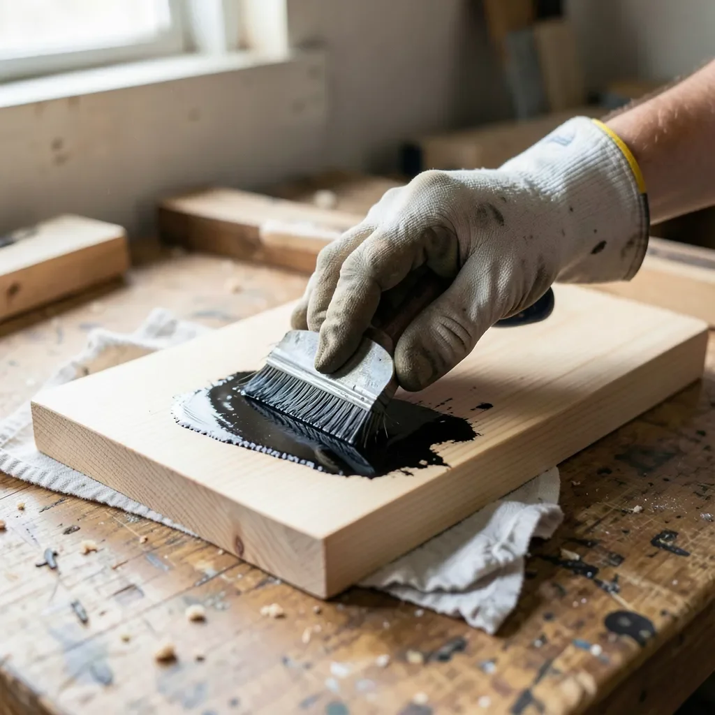 hand wiping black wood stain onto a raw pine board with a cloth