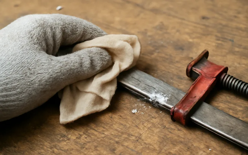 Wiping dried glue off a metal bar clamp Gloved hand wiping dried glue flecks off a metal bar clamp with a cloth