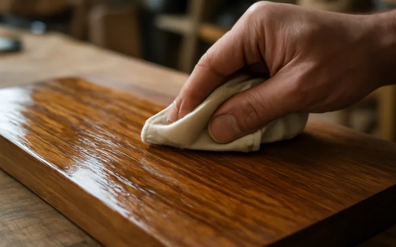 hand wiping oil finish into a wood board with a cloth