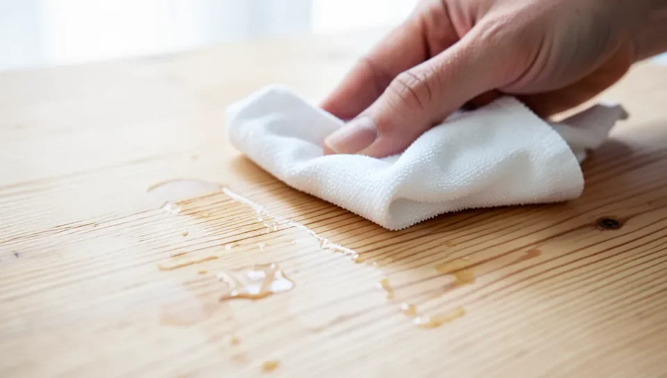 Wiping a water spill off unsealed pine wood with a microfiber cloth to prevent staining