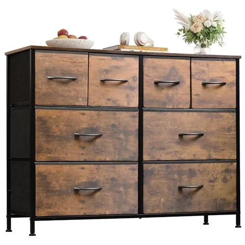 WLIVE 8 drawer wide dresser rustic brown wood grain bedroom chest