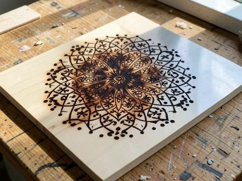 Finished geometric mandala pattern wood burned into a pine board using a metal stencil