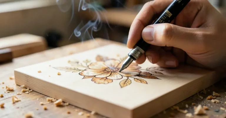 Close-up of a wood burning pyrography pen tracing a floral design into a light basswood board