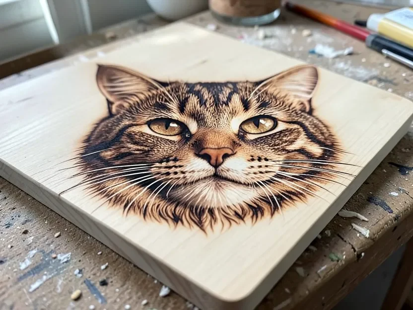 Finished pyrography wood burning cat artwork showing layered fur shading detail