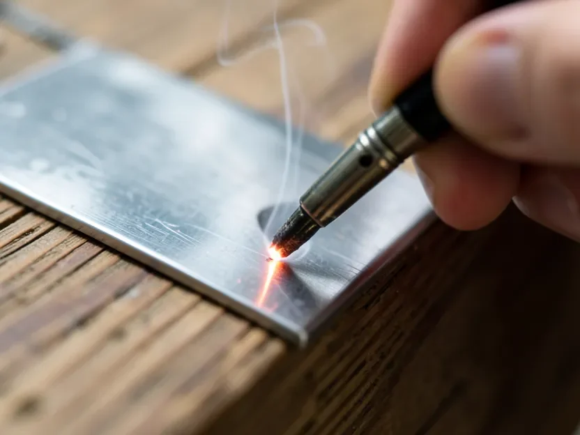 Glowing hot wood burning pen tip touching a stainless steel stencil, showing heat spreading across the metal