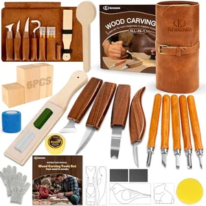 32-piece wood carving and whittling knife kit with basswood practice blocks and storage bag