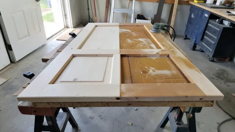 Wood door removed from its hinges, half sanded to bare wood and half still showing old finish, on sawhorses
