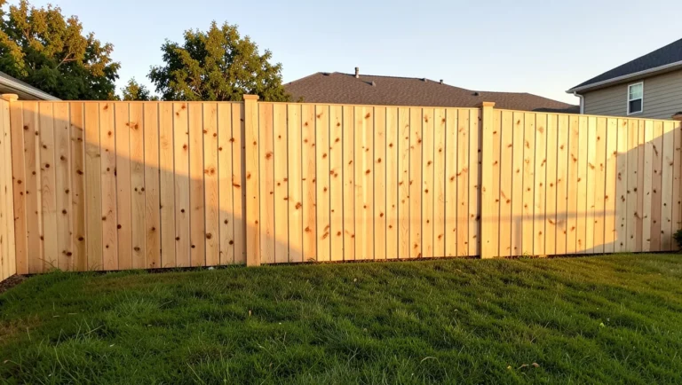 newly built cedar wood privacy fence in a backyard at golden hour