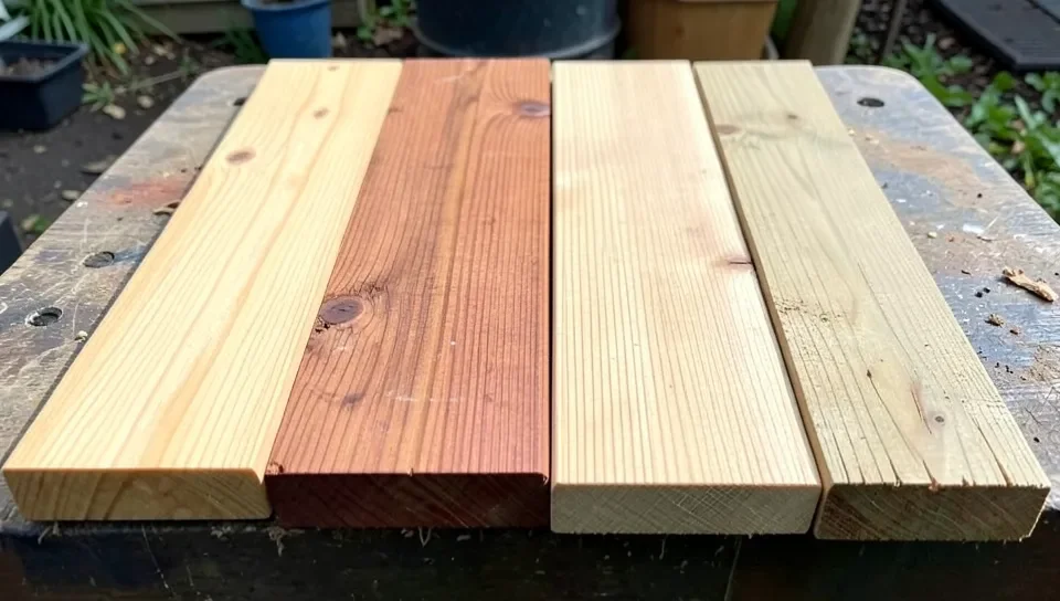 four wood fence board samples side by side showing cedar, redwood, pressure-treated pine, and spruce grain differences
