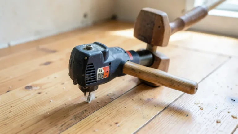 Pneumatic flooring nailer positioned on hardwood plank flooring during installation