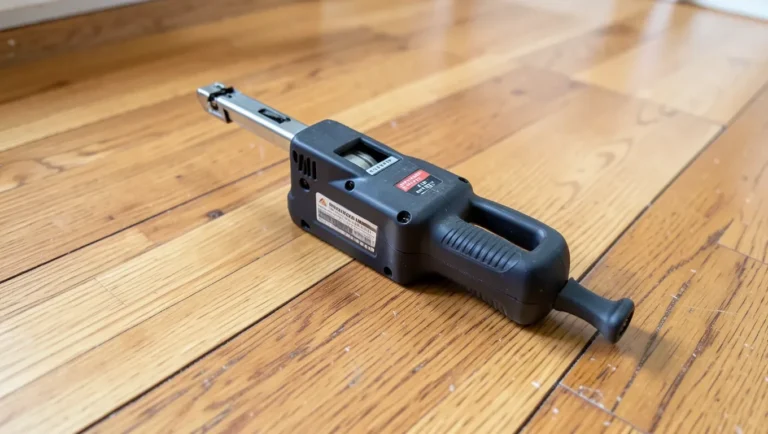 Pneumatic flooring nailer on a partially installed hardwood floor