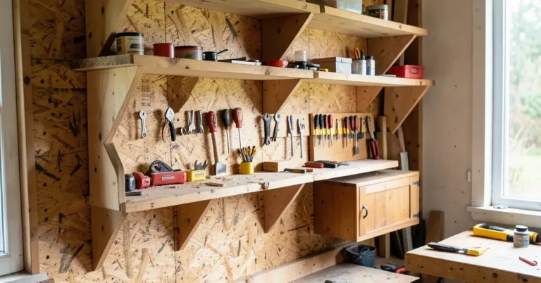 wood French cleat shop wall storage system with angled cleats holding shelves and a cabinet